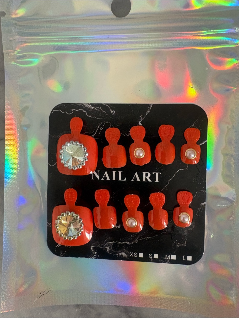Red Rhinestone & Pearl Press-On Toe Nails